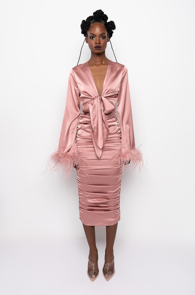 feathered satin midi dress Sofia Formal Satin Feather Midi Dress