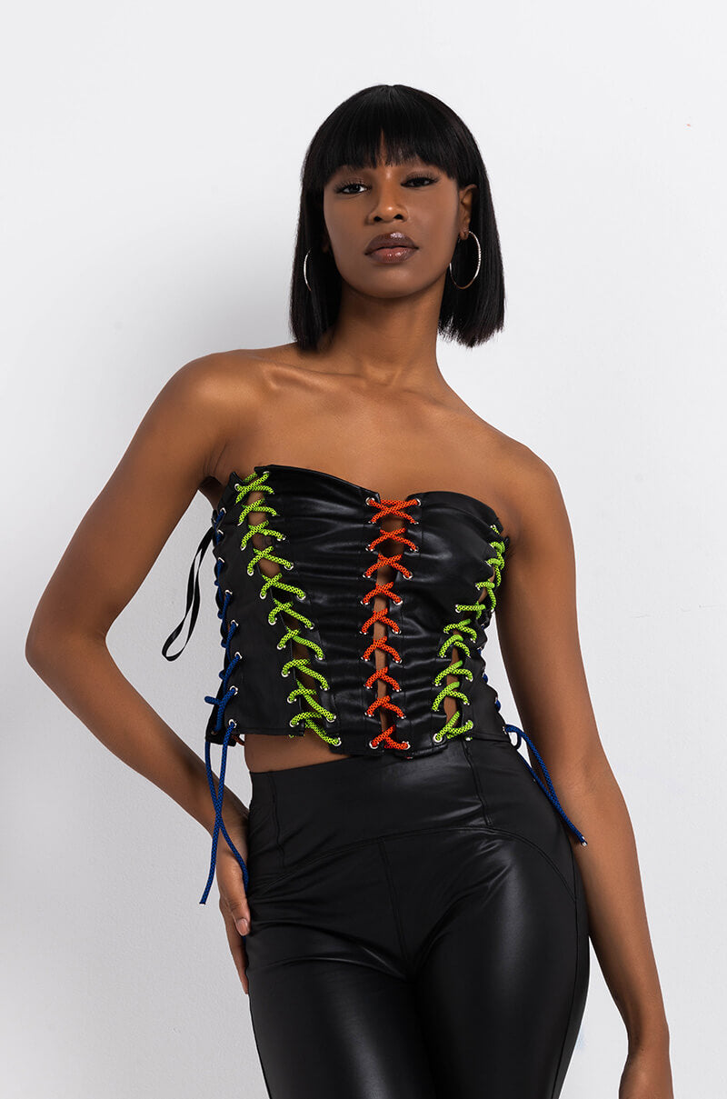 Front View Tie Me Up Laced Corset in Black Multi