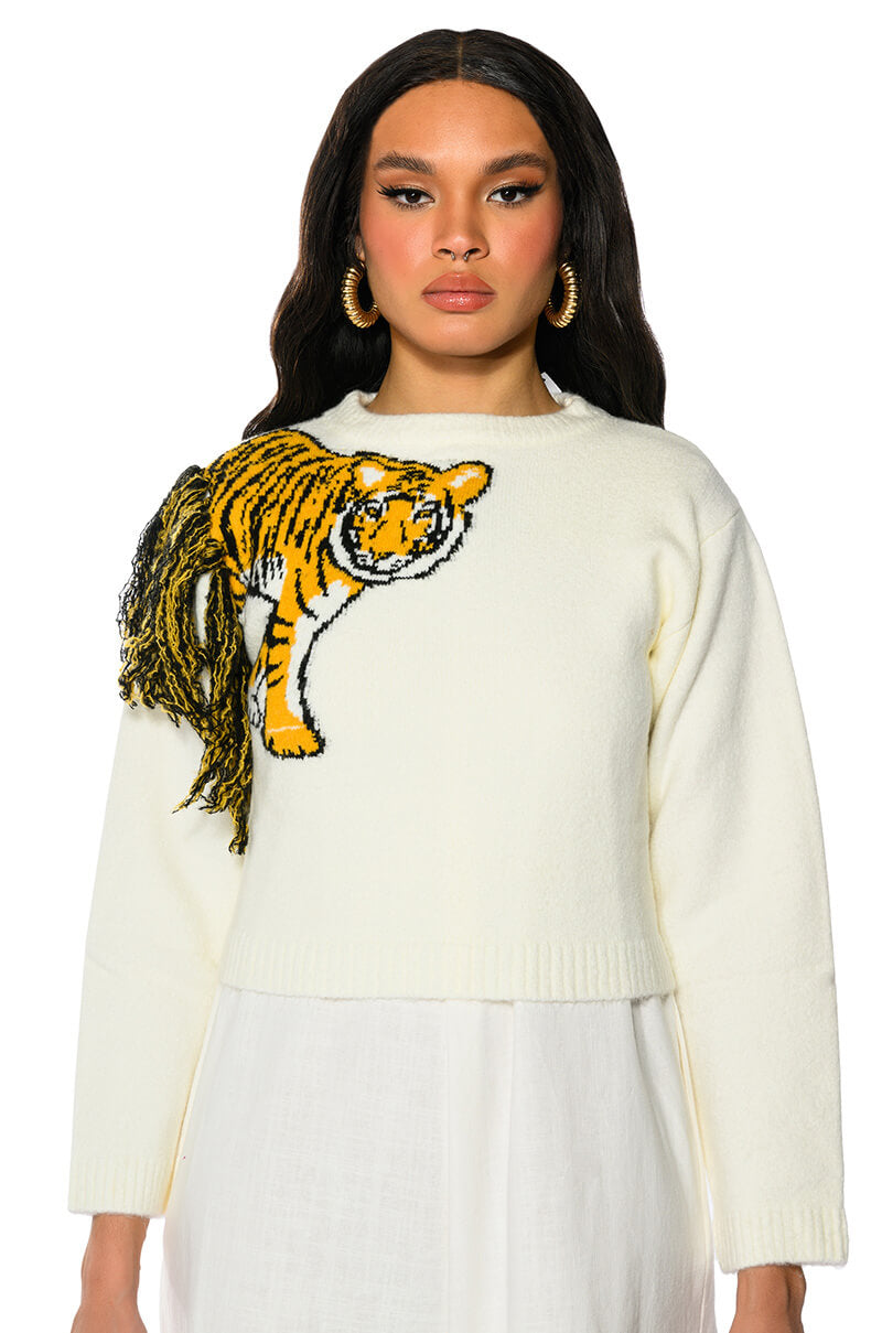 Front View Tiger Baby Crew Neck Long Sleeve Sweater