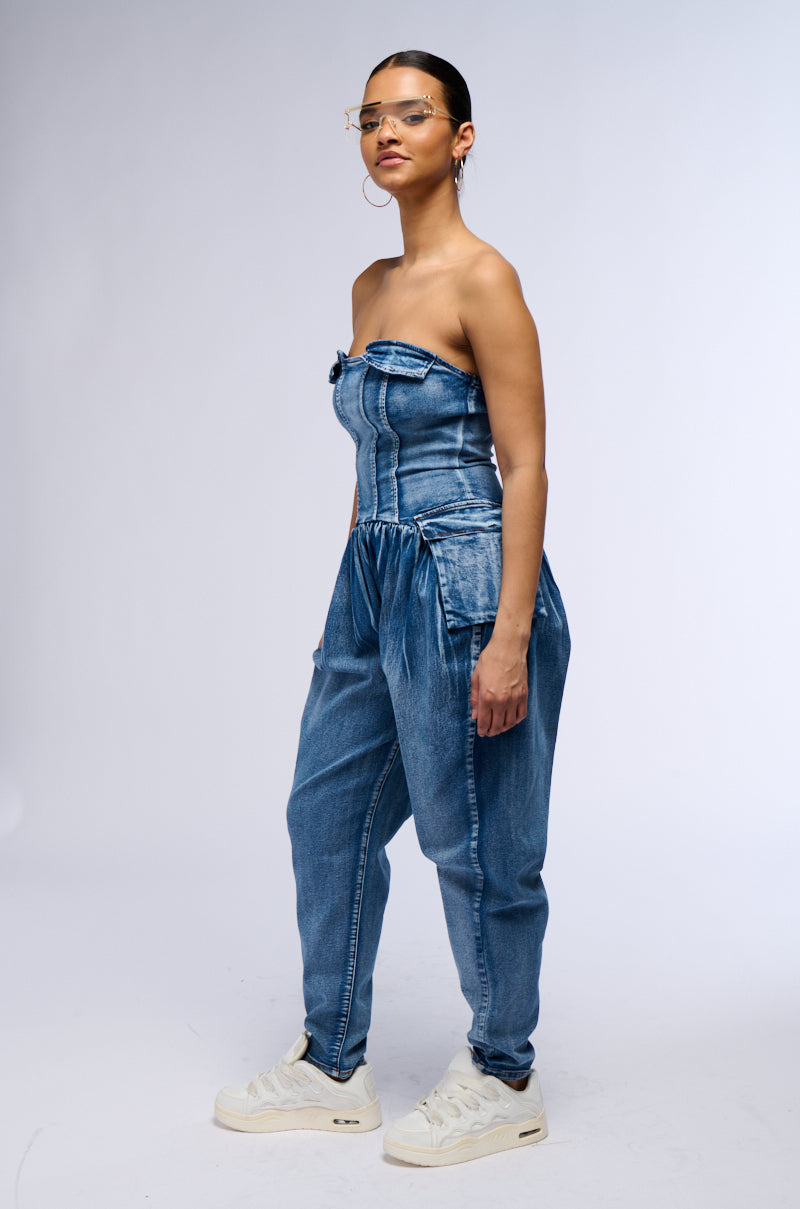Detail View Till We Meet Again Denim Jumpsuit
