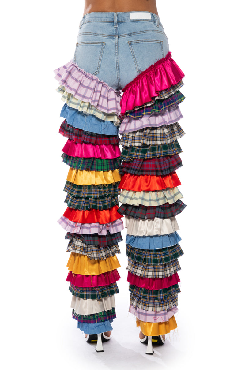 Extra View Time To Dance Ruffle Patchwork Jeans