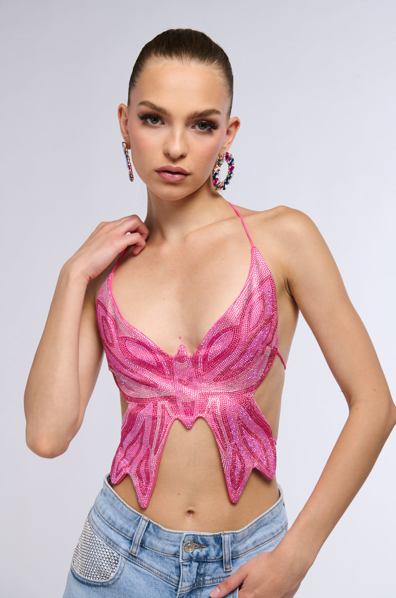 Side View Time To Fly Butterfly Rhinestone Top In Pink Multi 1