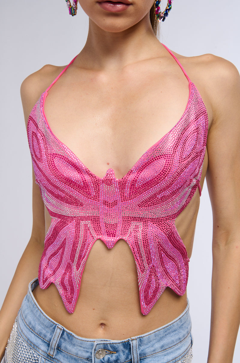 Extra View Time To Fly Butterfly Rhinestone Top In Pink Multi 6