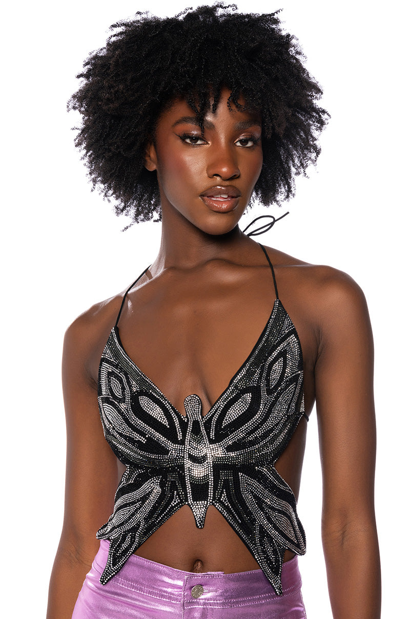 TIME TO FLY SEQUIN BUTTERFLY TOP IN BLACK view 0