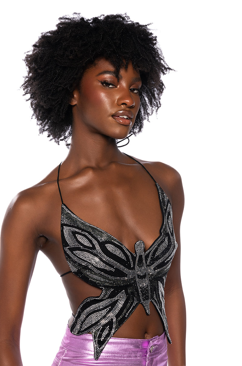 Side View Time To Fly Sequin Butterfly Top In Black