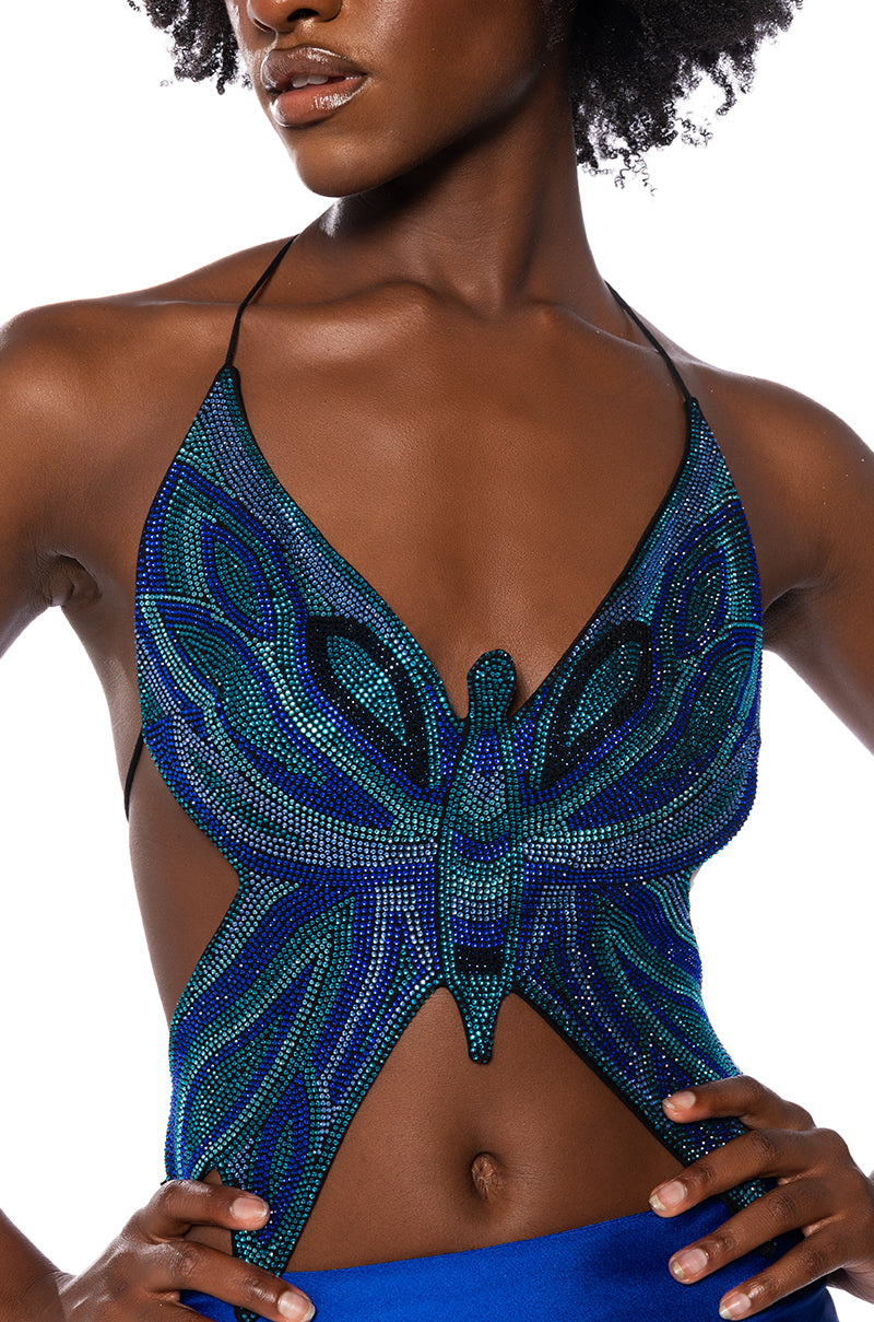 Extra View Time To Fly Sequin Butterfly Top In Blue