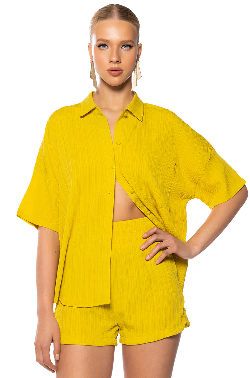Side View Time To Relax Short Sleeve Button Down Shirt In Yellow