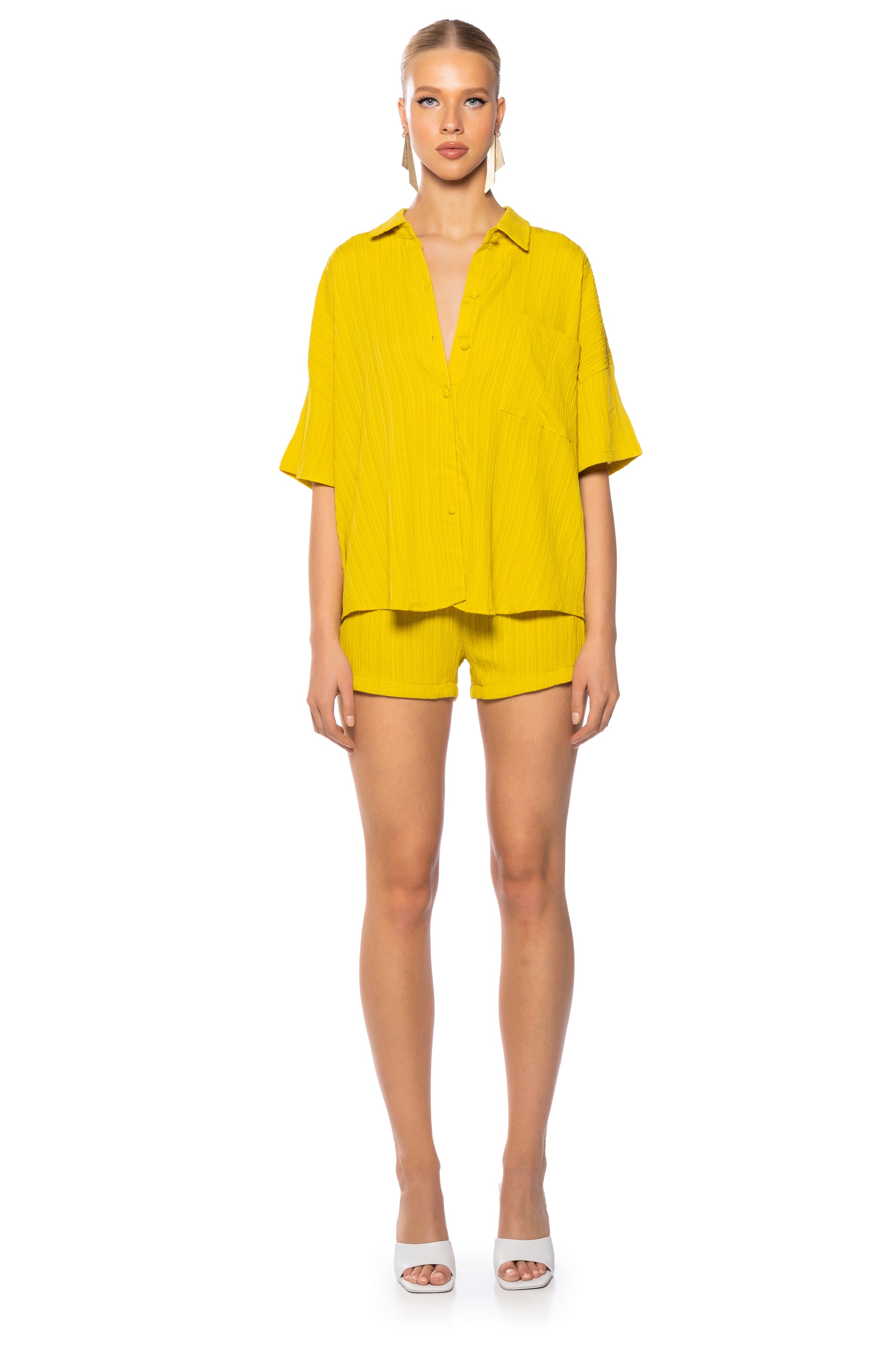 Extra View Time To Relax Short Sleeve Button Down Shirt In Yellow
