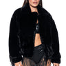 Front View Time To Shine Studded Fringe Faux Fur Coat In Black