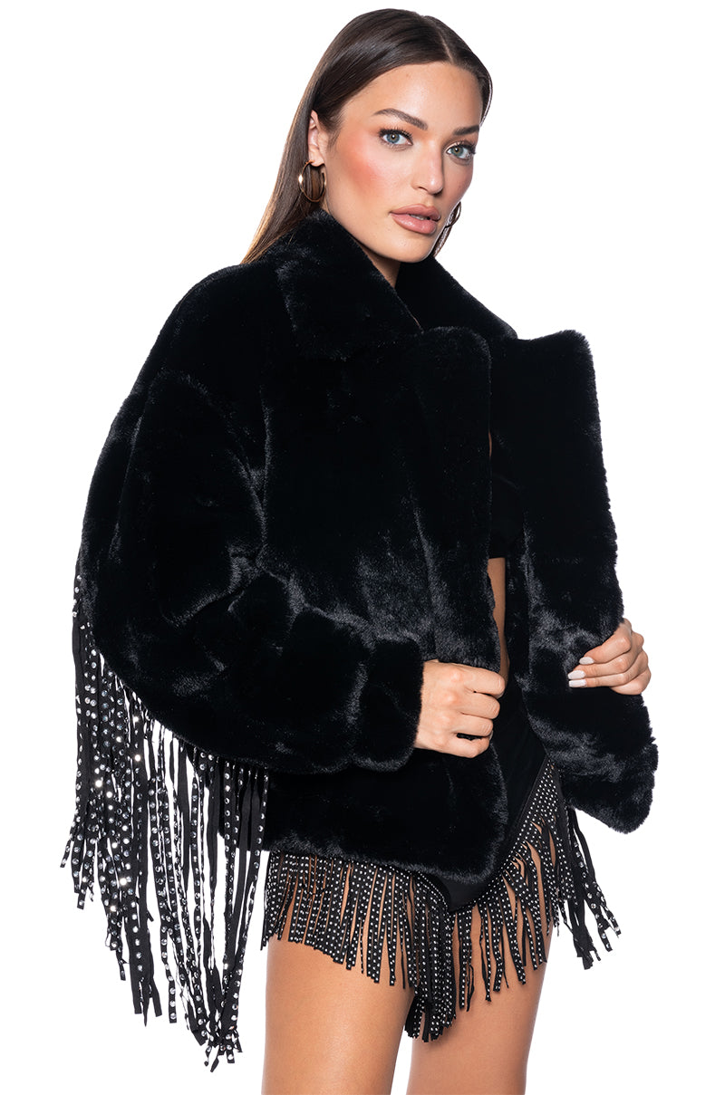 Side View Time To Shine Studded Fringe Faux Fur Coat In Black