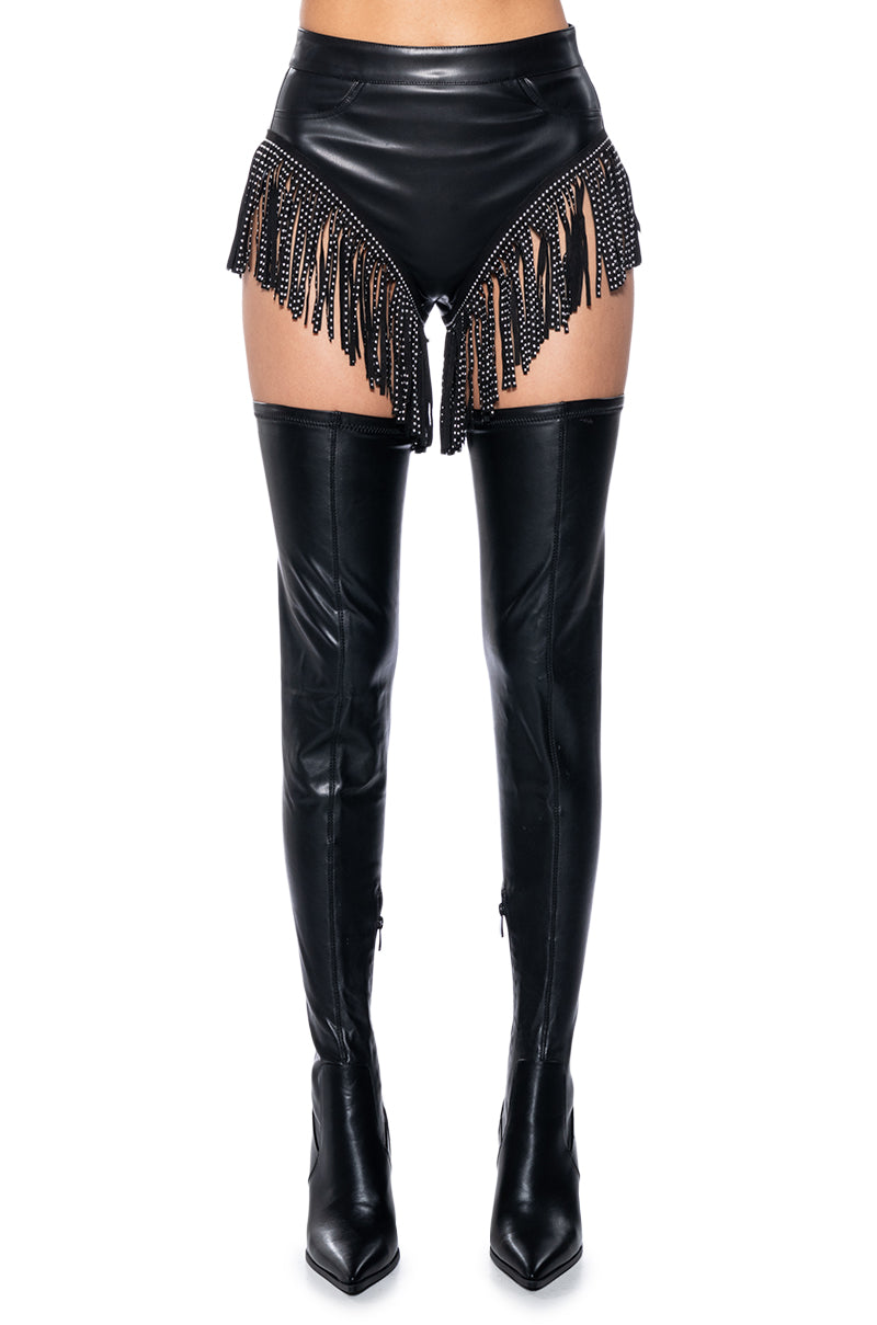 Detail View Tinashe Faux Leather Fringe Shorts