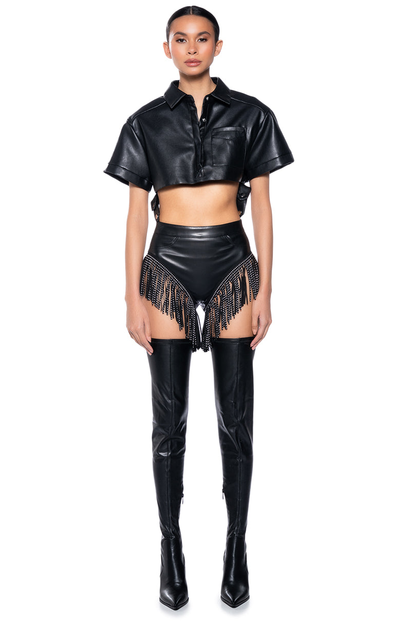 Extra View Tinashe Faux Leather Fringe Shorts