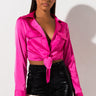 Front View Tiny Favor Tie Front Cropped Blouse in Neon Pink