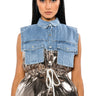 Front View To The Moon Metallic Puffer Vest With Denim