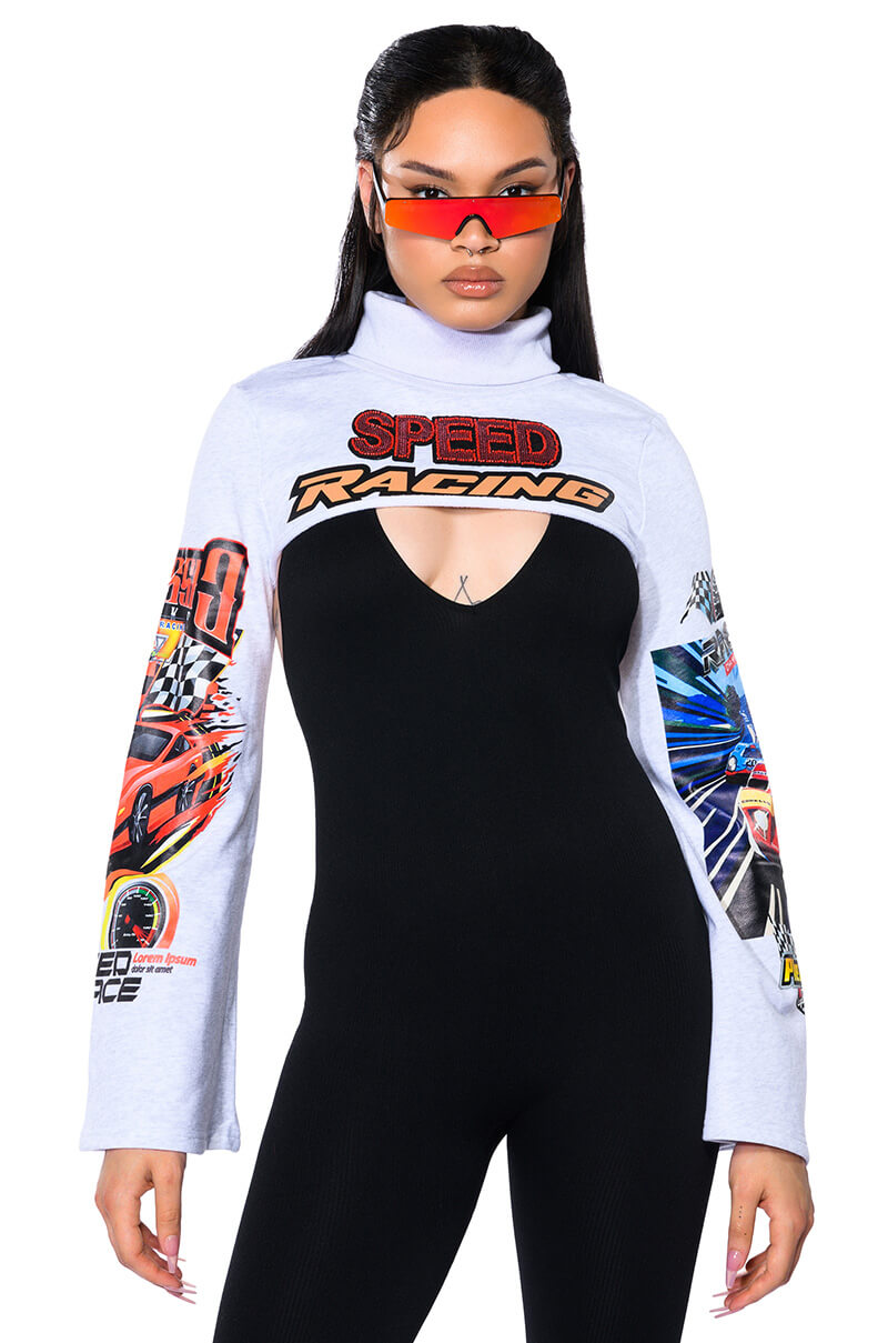 Front View To The Races Ultra Crop Turtleneck Sweatshirt