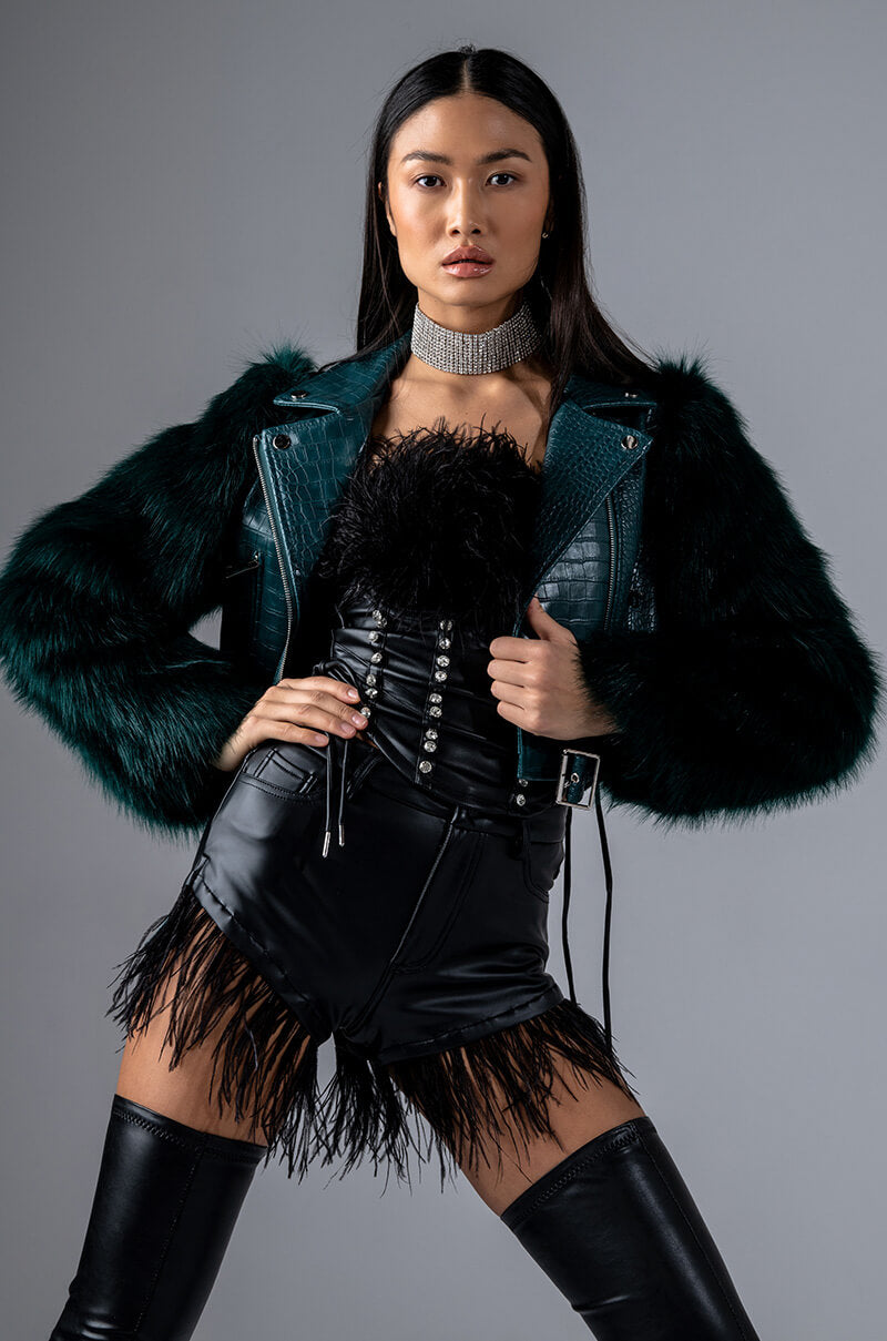 Front View Too Cocky Feather Trim Faux Leather Shorts