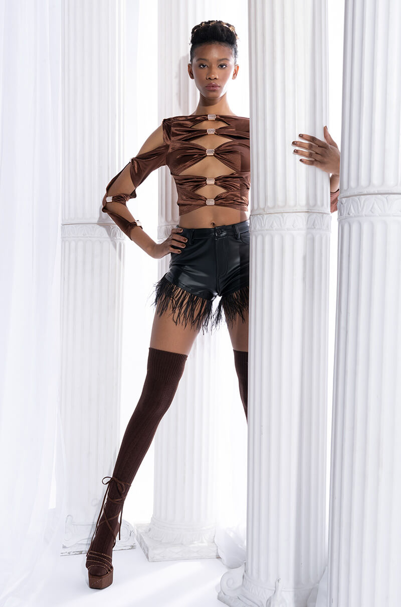 Extra View Too Cocky Feather Trim Faux Leather Shorts