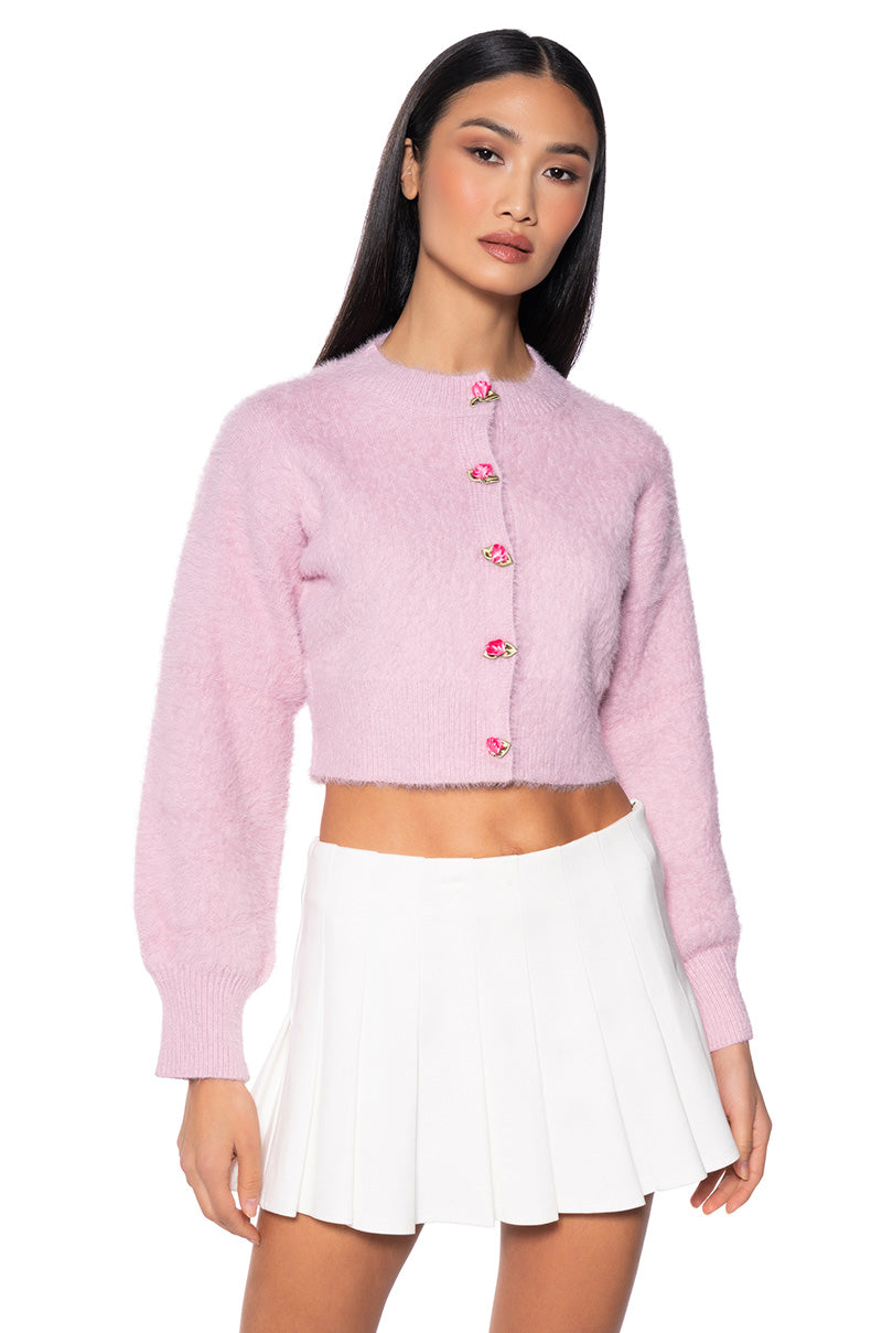 Front View Too Cute Flower Button Fuzzy Cardigan