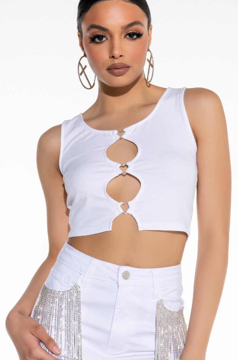 Front View Too Cute Heart Detail Cutout Crop Tank