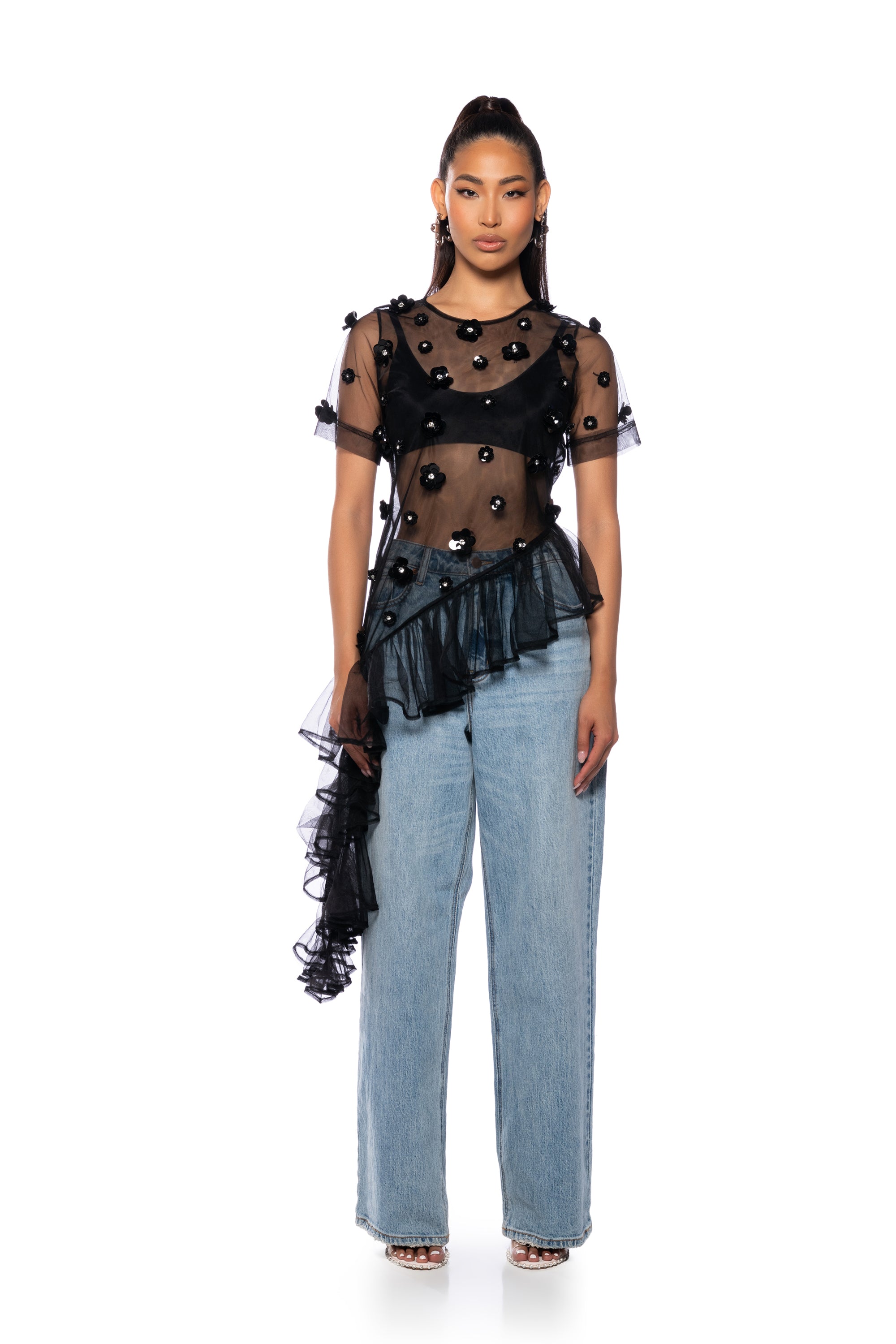 TOO GLAM EMBELLISHED ASYMMETRICAL TULLE TOP – AKIRA