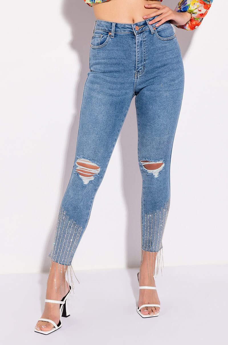 Front View Too Good High Waisted Rhinestone Fringe Skinny Jeans