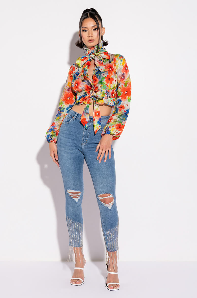 Side View Too Good High Waisted Rhinestone Fringe Skinny Jeans