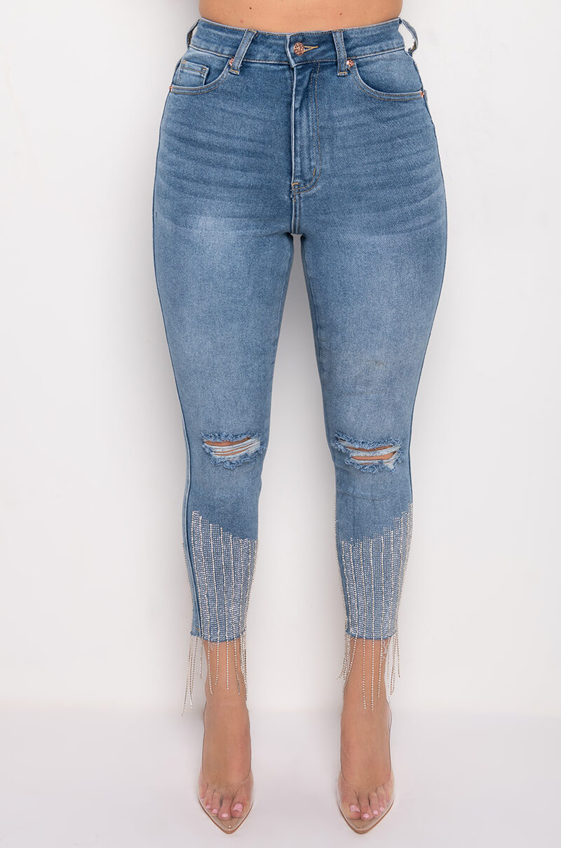 Side View Too Good High Waisted Rhinestone Fringe Skinny Jeans