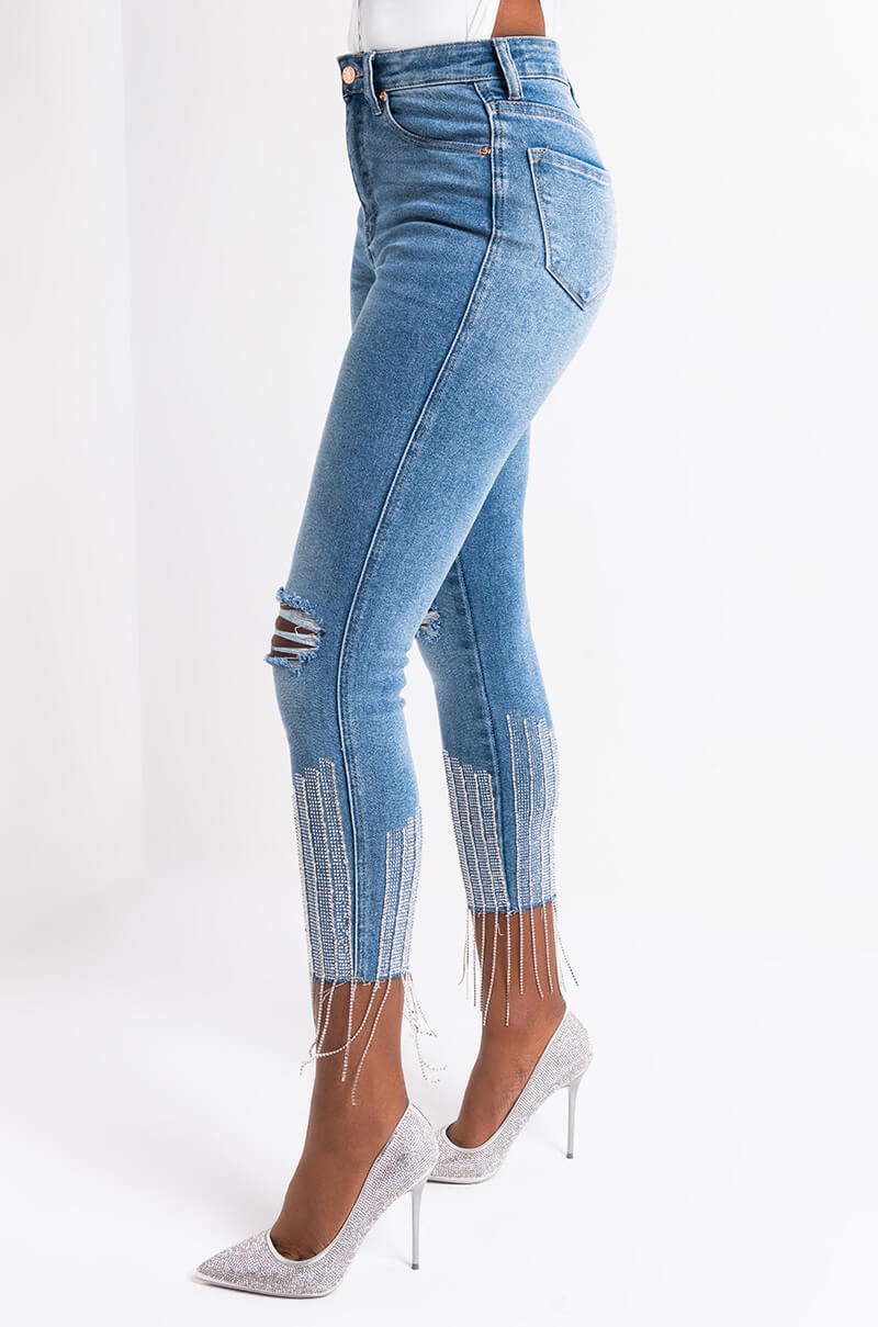 Side View Too Good High Waisted Rhinestone Fringe Skinny Jeans in Medium