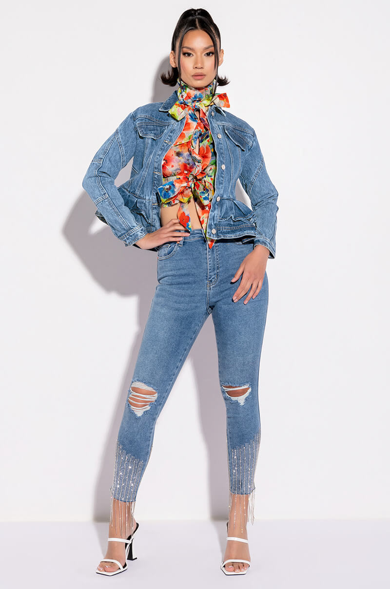 Back View Too Good High Waisted Rhinestone Fringe Skinny Jeans