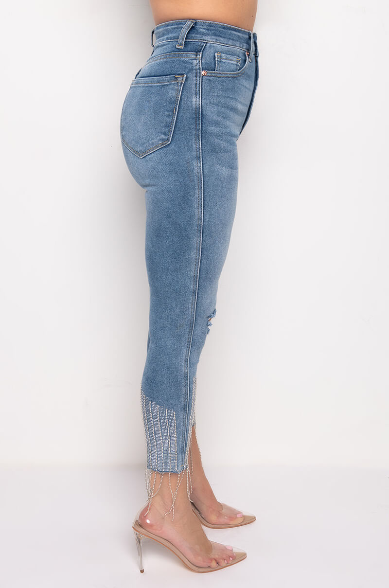 Back View Too Good High Waisted Rhinestone Fringe Skinny Jeans
