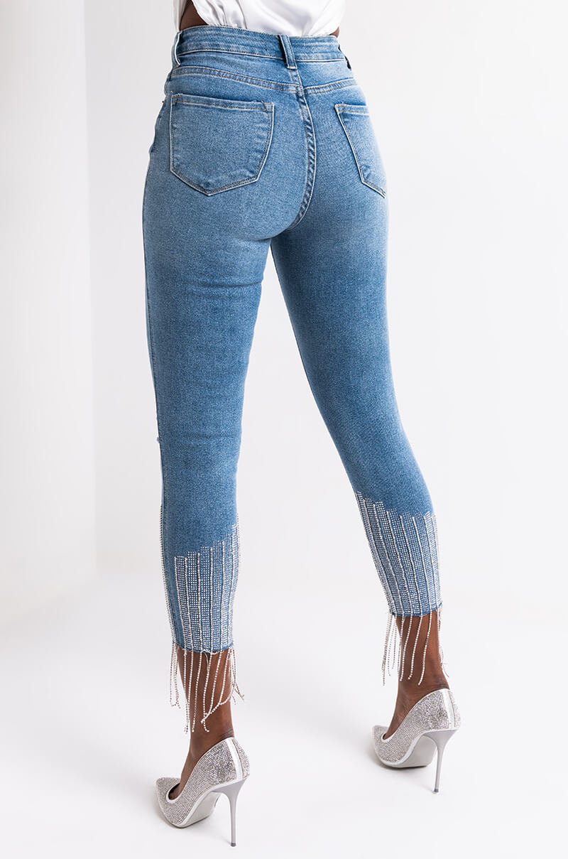 Back View Too Good High Waisted Rhinestone Fringe Skinny Jeans in Medium