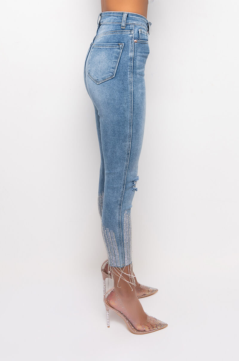 Detail View Too Good High Waisted Rhinestone Fringe Skinny Jeans