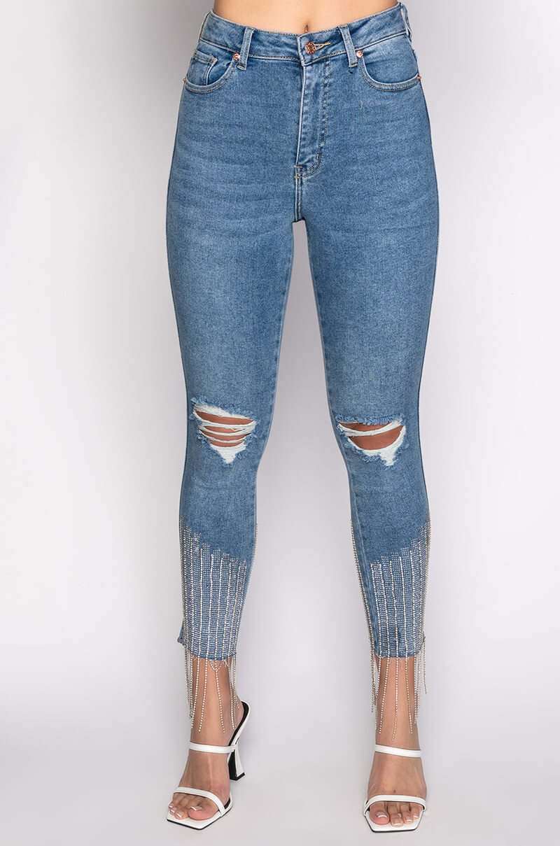 Detail View Too Good High Waisted Rhinestone Fringe Skinny Jeans