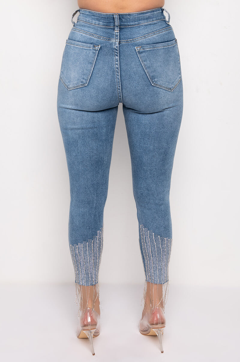 Detail View Too Good High Waisted Rhinestone Fringe Skinny Jeans