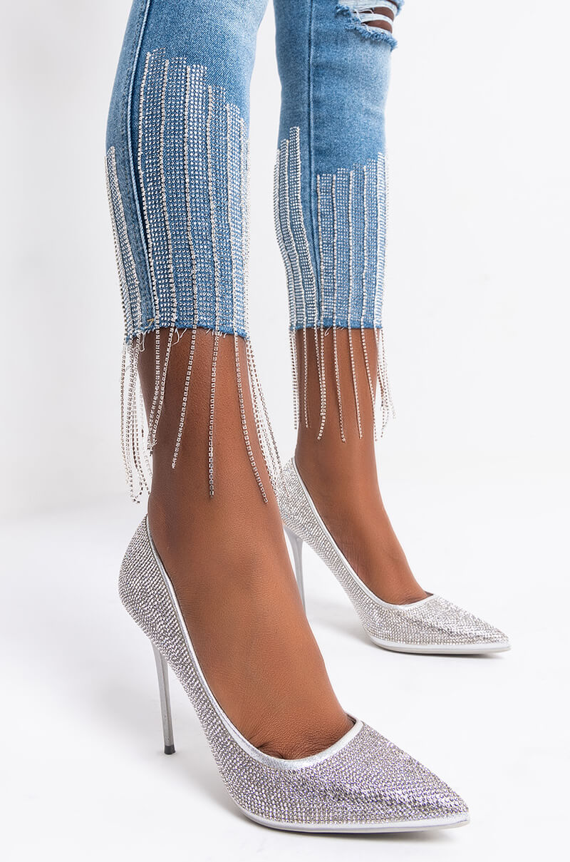 Detail View Too Good High Waisted Rhinestone Fringe Skinny Jeans in Medium