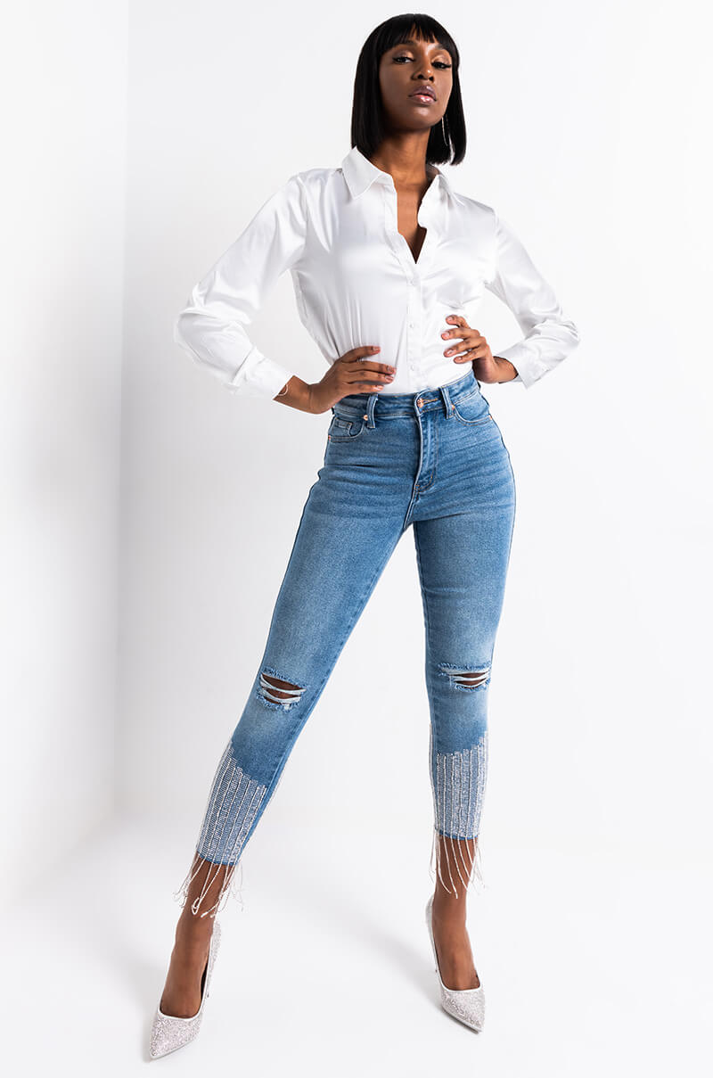 Full View Too Good High Waisted Rhinestone Fringe Skinny Jeans in Medium