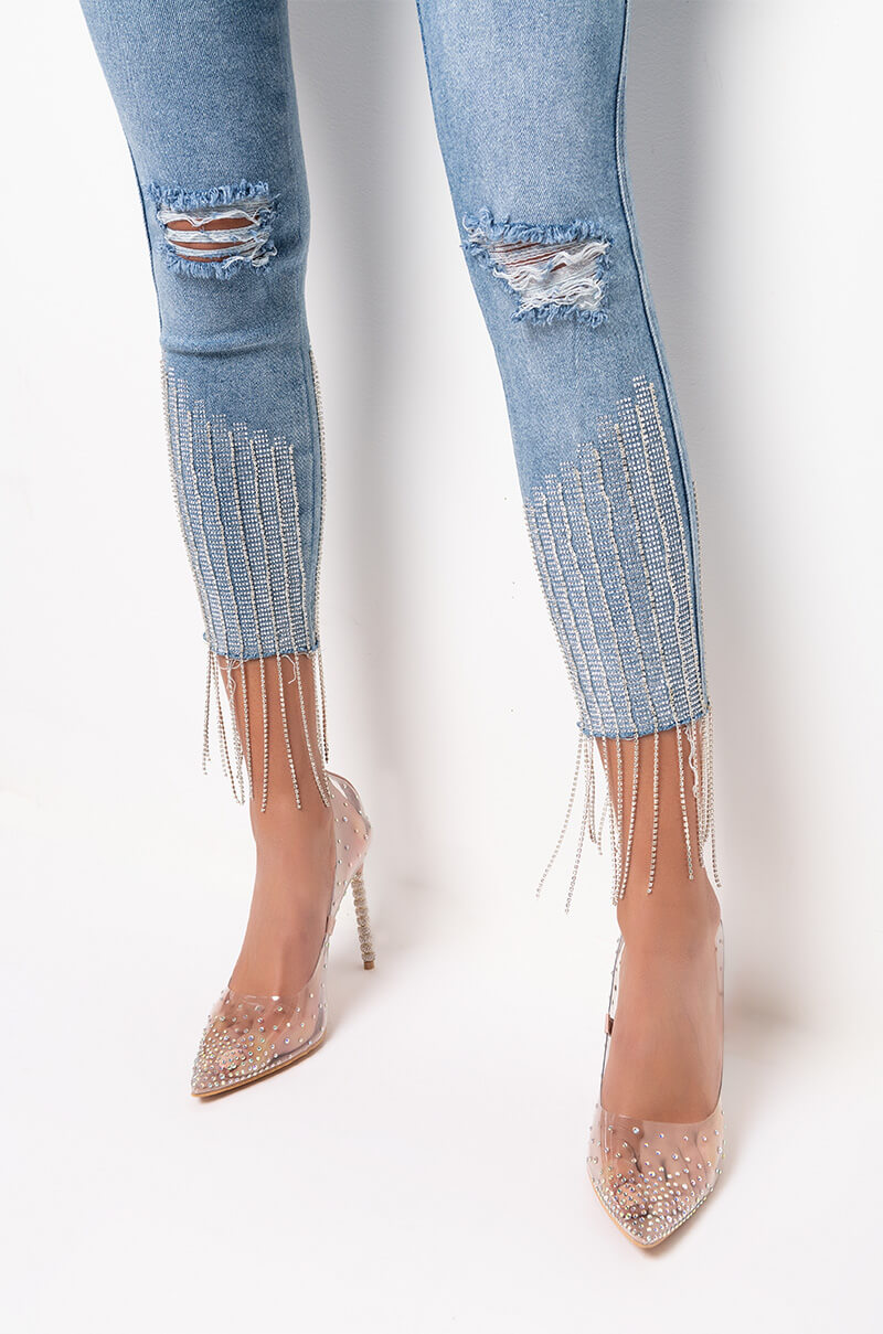 Extra View Too Good High Waisted Rhinestone Fringe Skinny Jeans