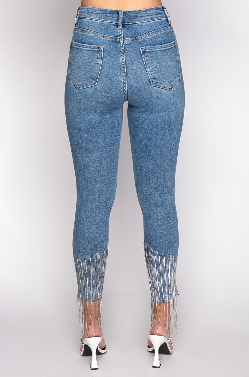Extra View Too Good High Waisted Rhinestone Fringe Skinny Jeans