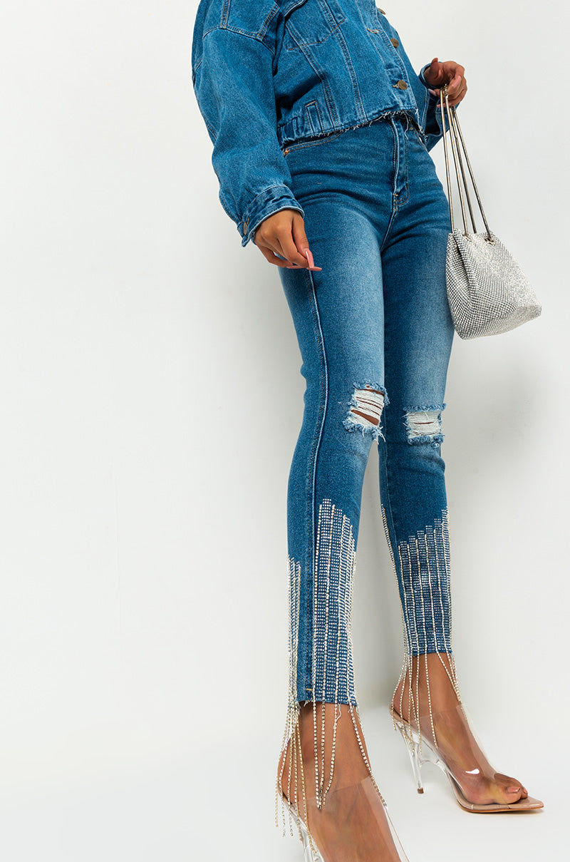  Too Good High Waisted Rhinestone Fringe Skinny Jeans in Medium