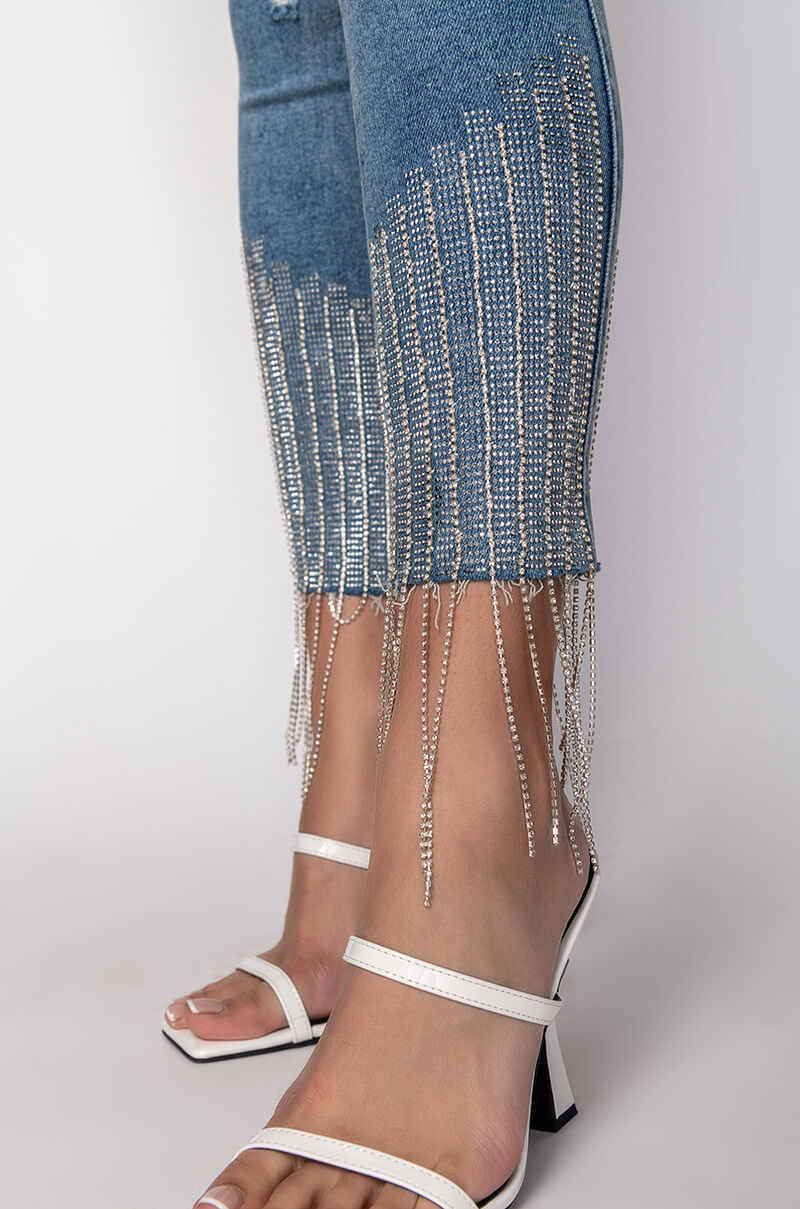 Extra View Too Good High Waisted Rhinestone Fringe Skinny Jeans