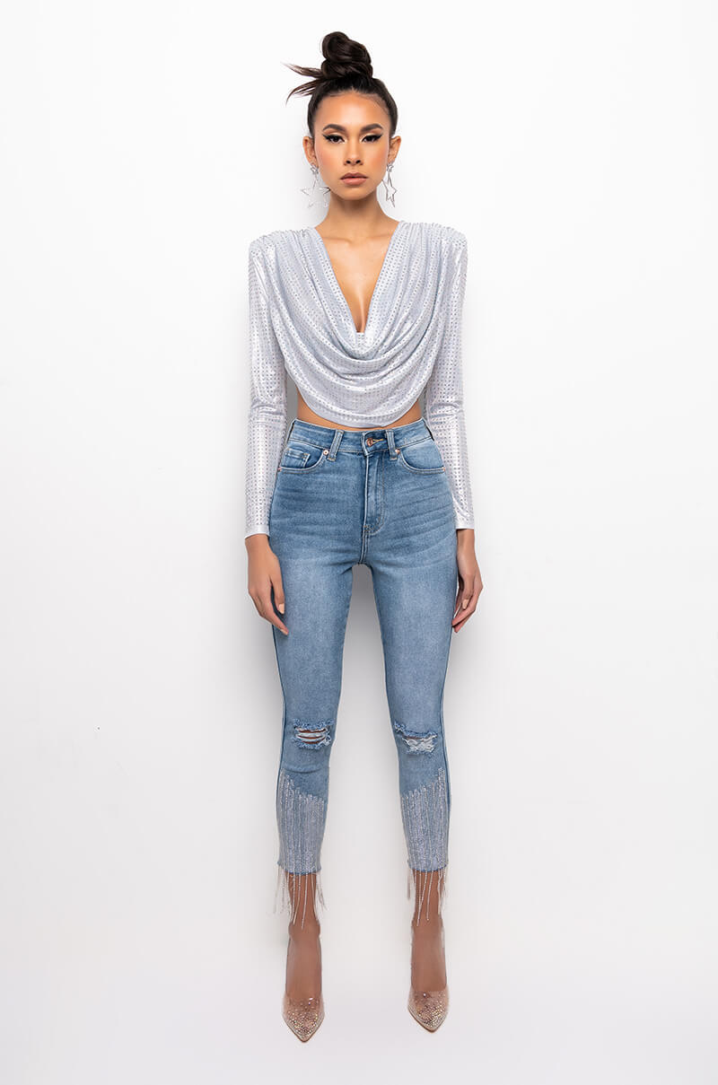 Extra View Too Good High Waisted Rhinestone Fringe Skinny Jeans