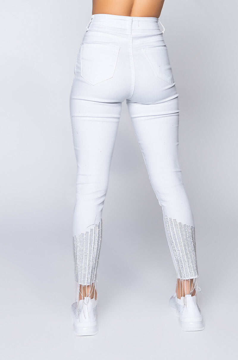 Back View Too Good High Waisted Rhinestone Fringe Skinny Jeans in White