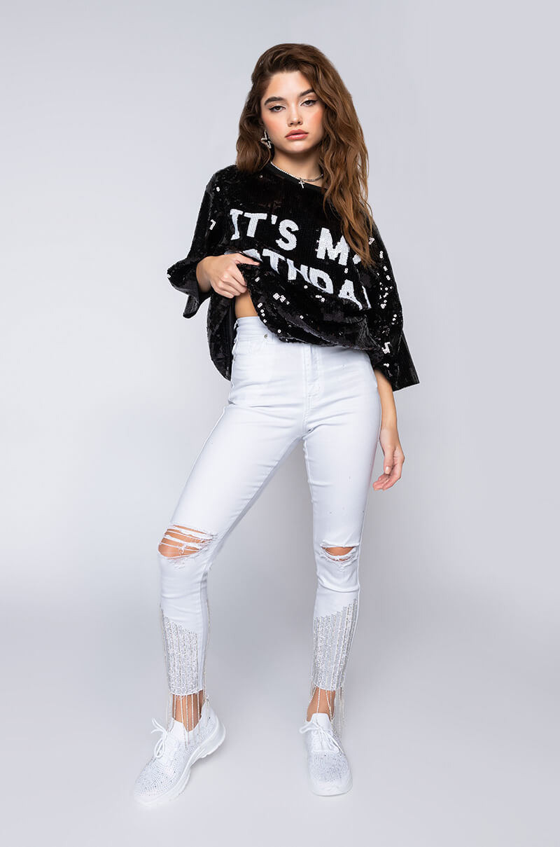 Full View Too Good High Waisted Rhinestone Fringe Skinny Jeans in White