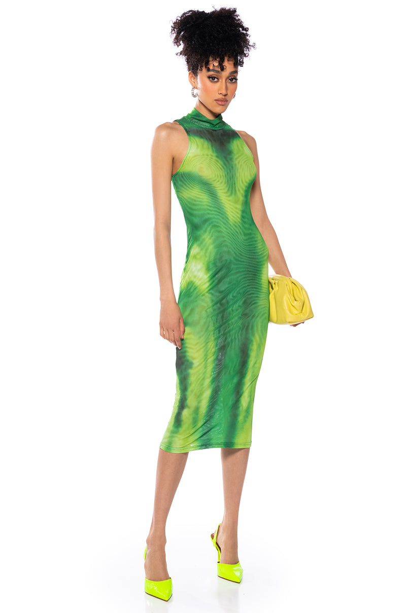 Front View Too Real Open Back Mock Neck Midi Dress
