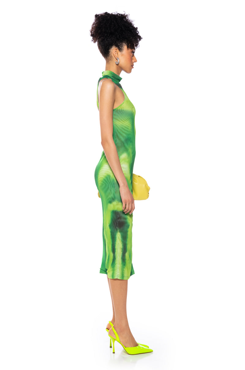 Back View Too Real Open Back Mock Neck Midi Dress