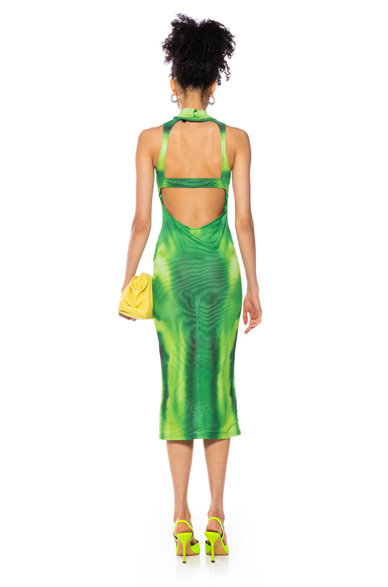 Detail View Too Real Open Back Mock Neck Midi Dress