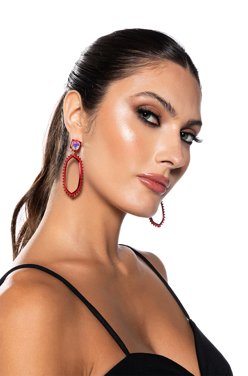 Front View Too Spicy Embellished Dangle Earrings