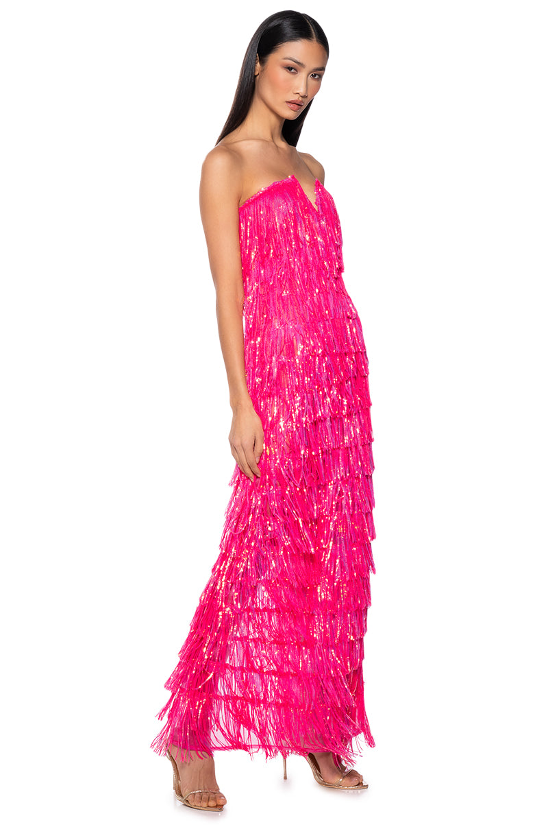 TOP OF THE WORLD STRAPLESS SEQUIN FRINGE MAXI DRESS IN FUCHSIA – AKIRA TOP OF THE WORLD STRAPLESS SEQUIN FRINGE MAXI DRESS IN FUCHSIA – AKIRA