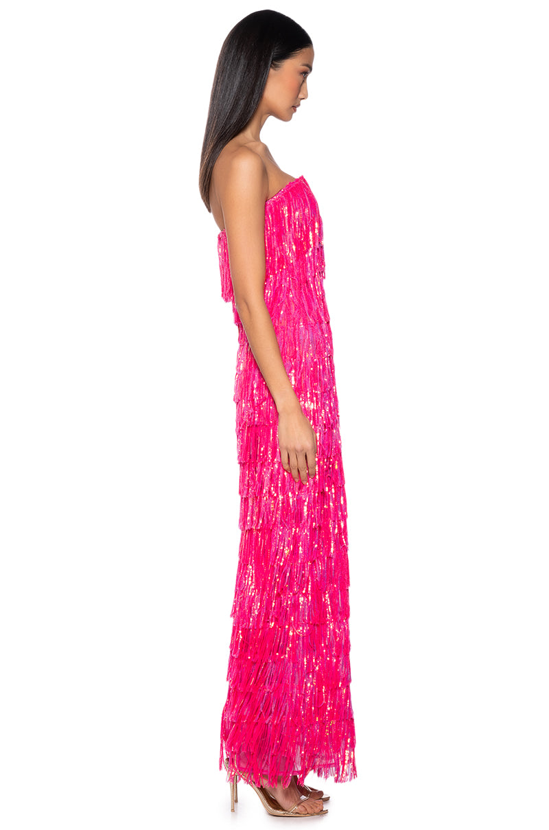 pink sequin fringe dress TOP OF THE WORLD STRAPLESS SEQUIN FRINGE MAXI DRESS IN FUCHSIA – AKIRA