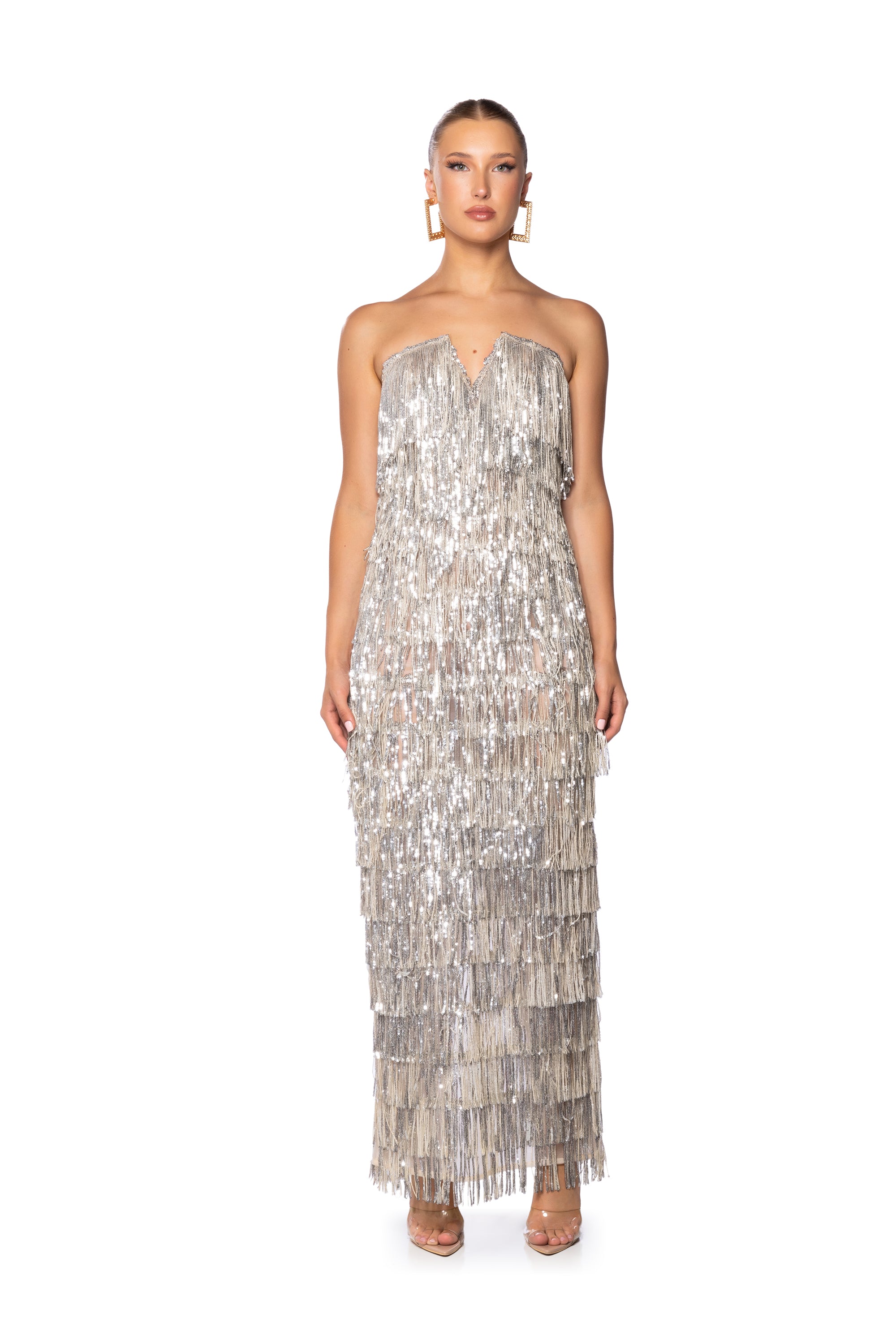 TOP OF THE WORLD STRAPLESS SEQUIN FRINGE MAXI DRESS IN SILVER MULTI – AKIRA